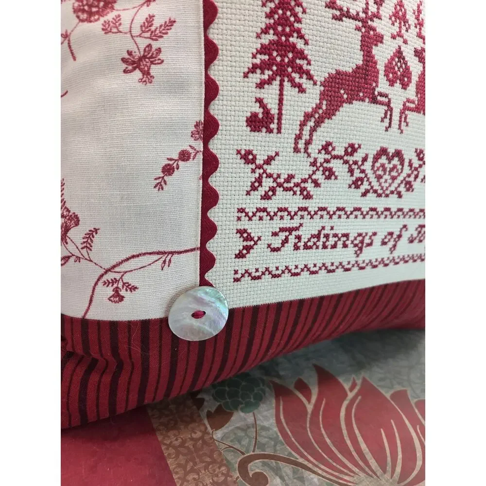 Pillow Decorative Counted Cross Stitch Christmas Folk Art 14 x 14 Cottage Core